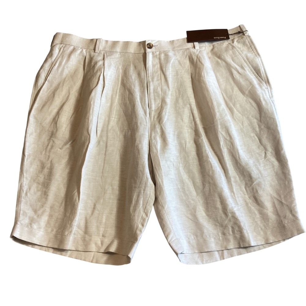 NEW Perry Ellis Shorts Mens 46 Pleated Linen Cotton Blend Beige Khaki Cream NWT